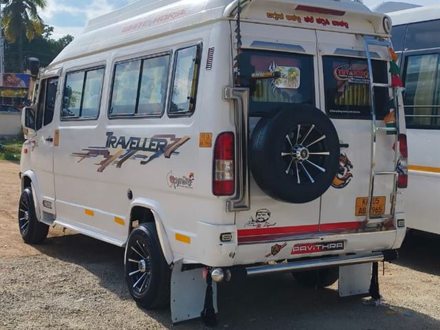13 seater Tempo Traveller – rear view with spare wheel